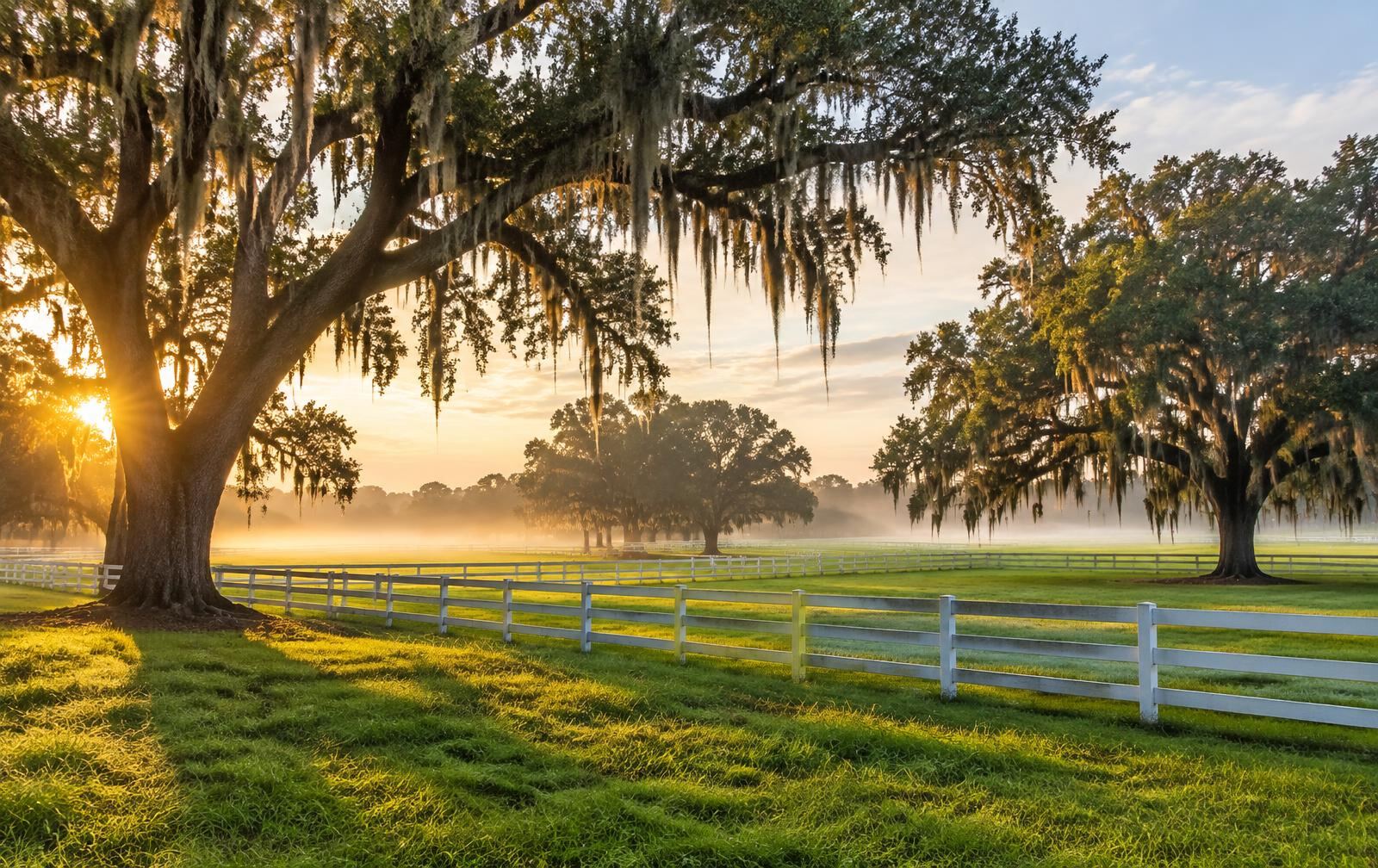 Representative rural Florida pasture with oak trees and a wooden fence